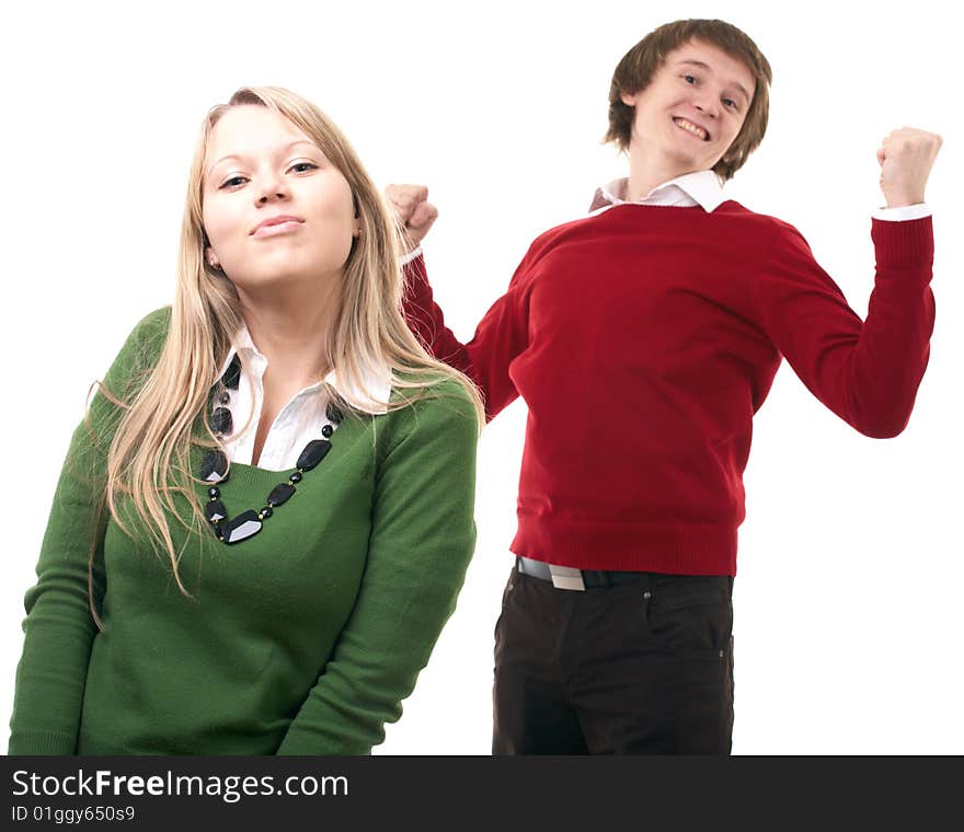 Young family man and woman on white background