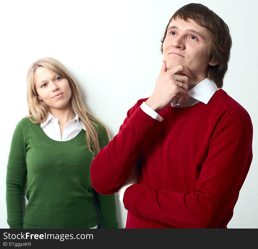 Young family man and woman on white background