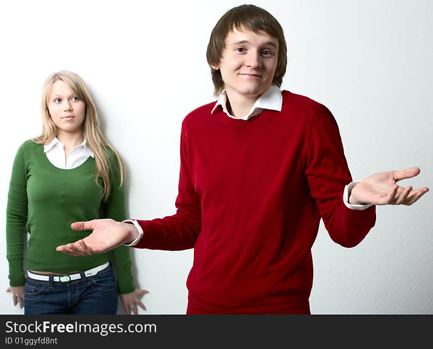 Young family man and woman on white background