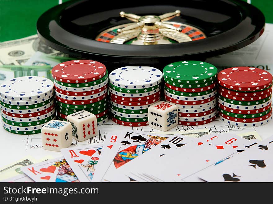 Poker chips & roulette. Series of casino