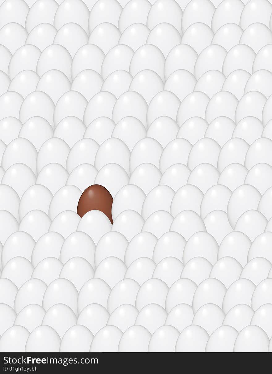 A single chocolate egg stands alone amongst a sea of chicken eggs. A single chocolate egg stands alone amongst a sea of chicken eggs