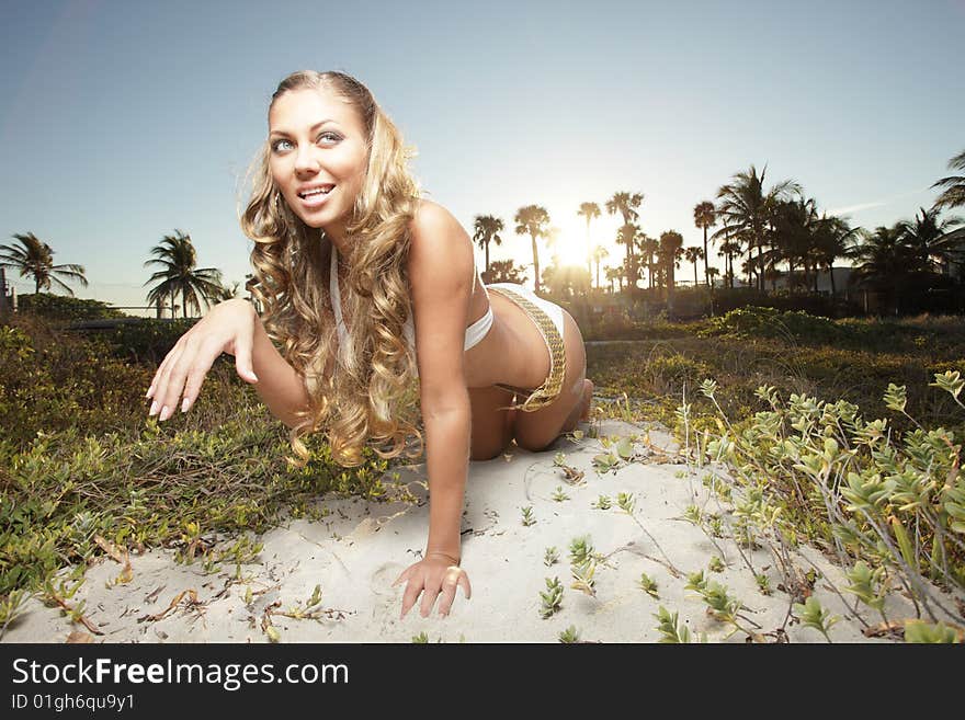 Beautiful woman pretending to be a cat in the desert. Beautiful woman pretending to be a cat in the desert