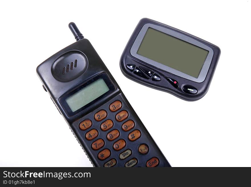 A Chinese and English bilingual wireless pager and cell-phone on white. A Chinese and English bilingual wireless pager and cell-phone on white.