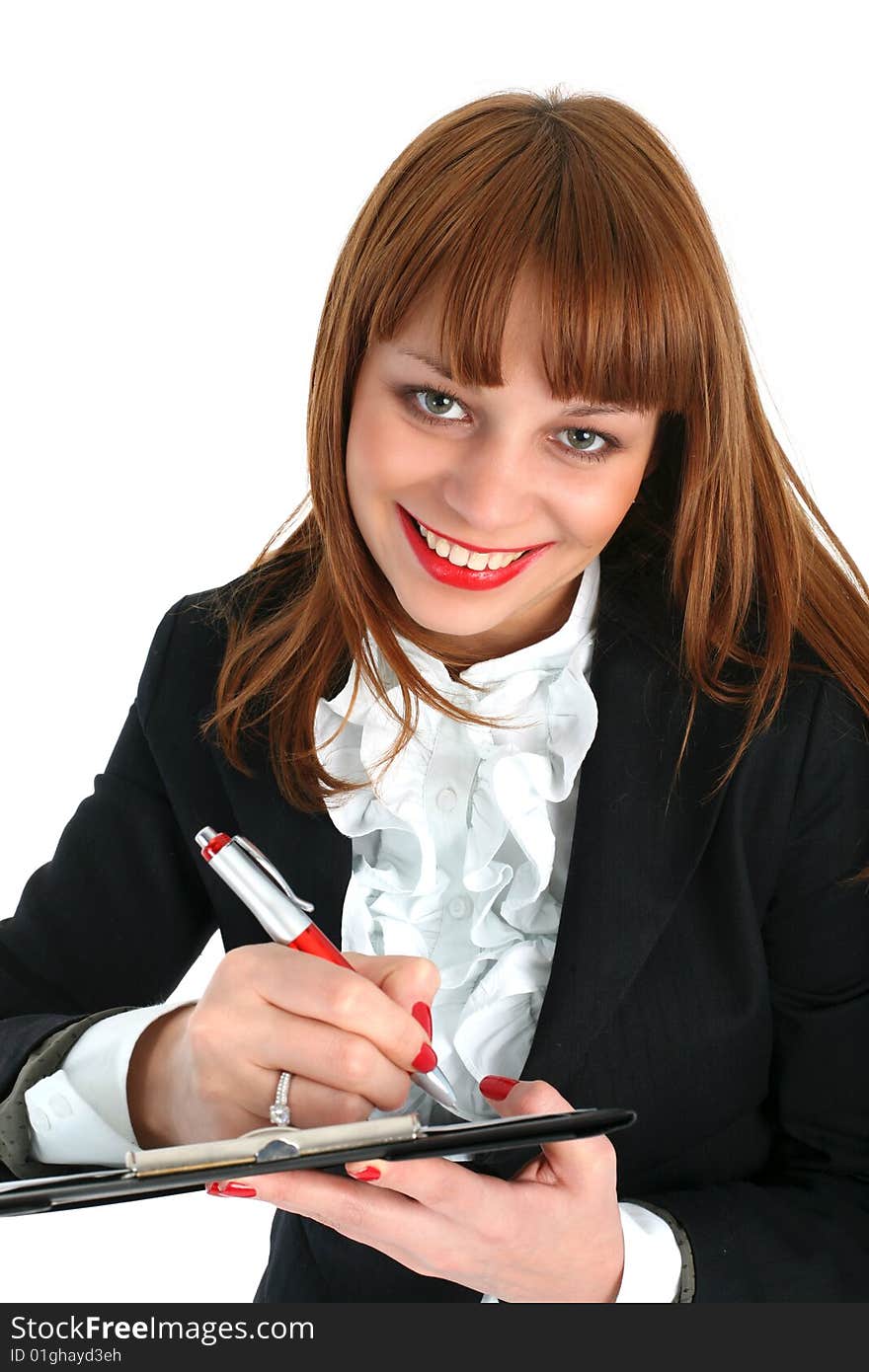 Business woman with pen isolated on white