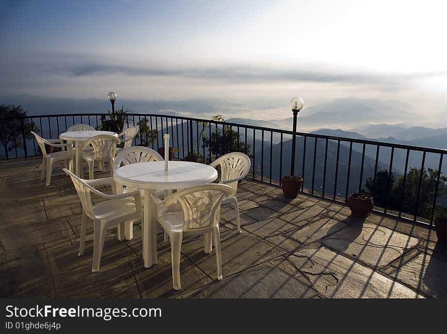 Restaurant,mountain in the background.(nepal). Restaurant,mountain in the background.(nepal)