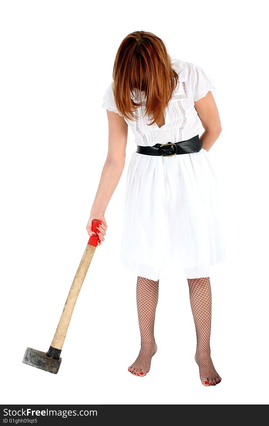 Woman with big axe isolated on white. Woman with big axe isolated on white