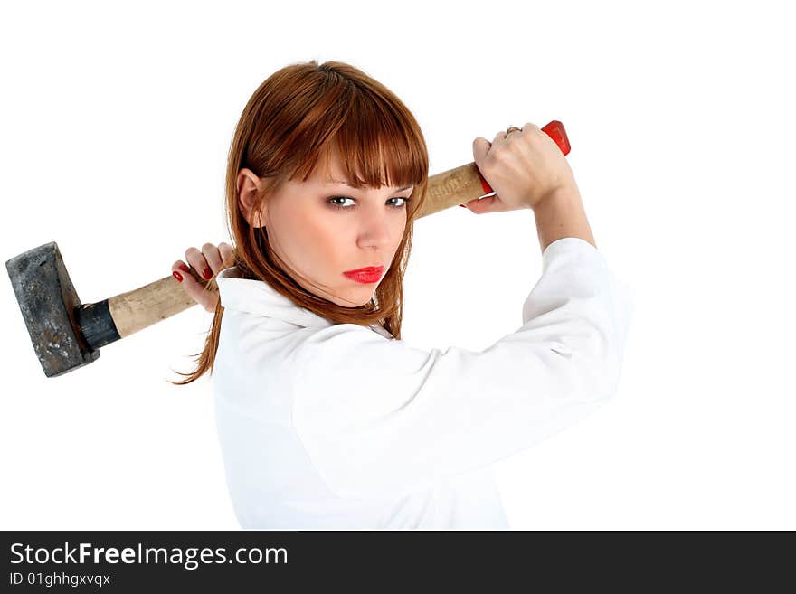 Lovely woman with axe isolated on white