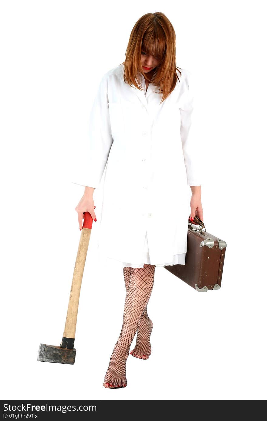 Woman with axe and suitcase isolated on white