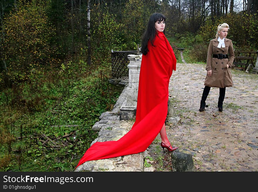 Two girls in fall park. Two girls in fall park