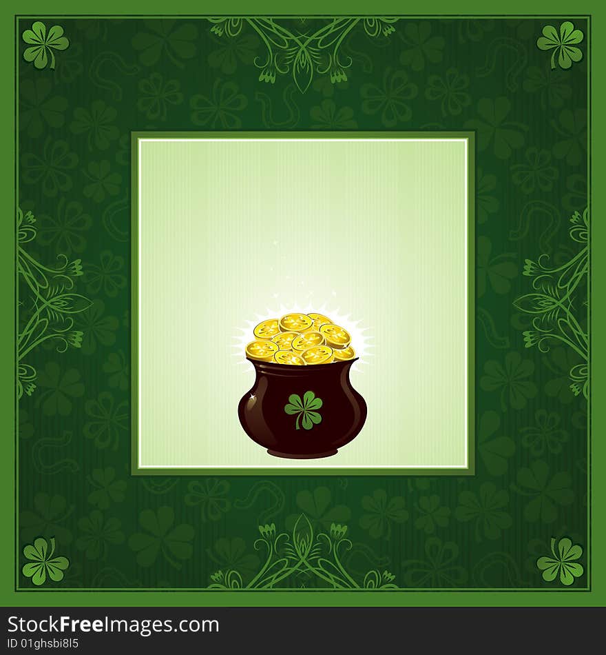 Green background with shamrock and pot with golden coins. Green background with shamrock and pot with golden coins