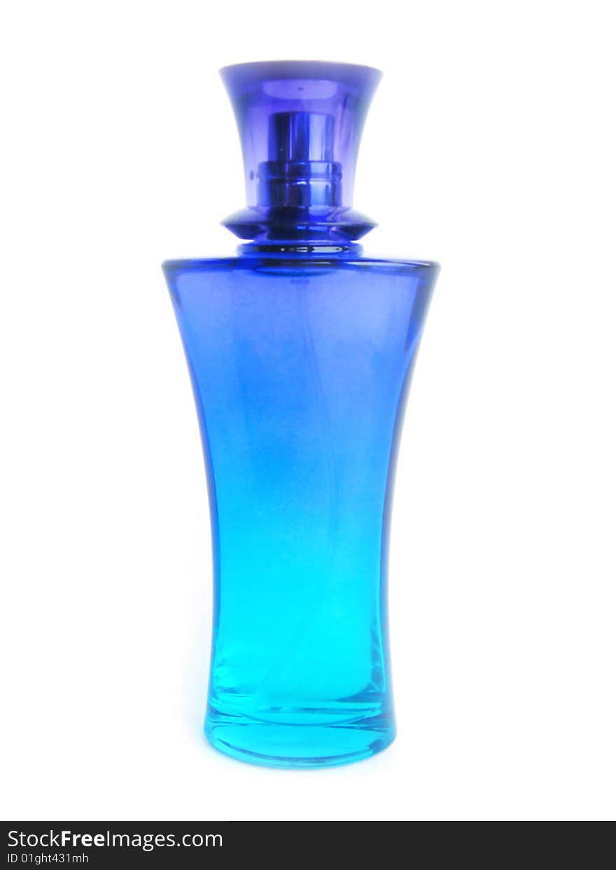 Blue bottle with perfume on a white background