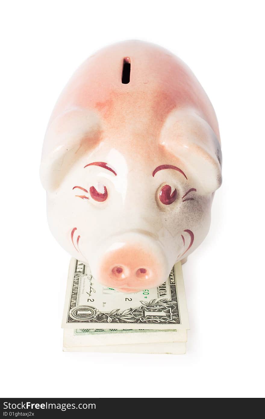 Happy piggy bank with cash isolated on white background