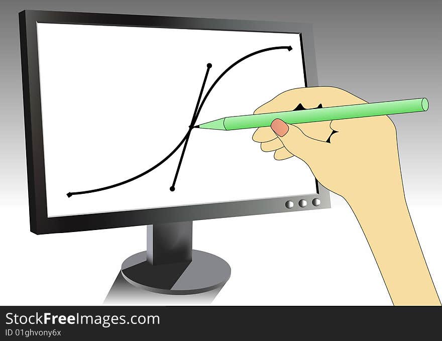 Hand illustrating on monitor, vector illustration. Hand illustrating on monitor, vector illustration