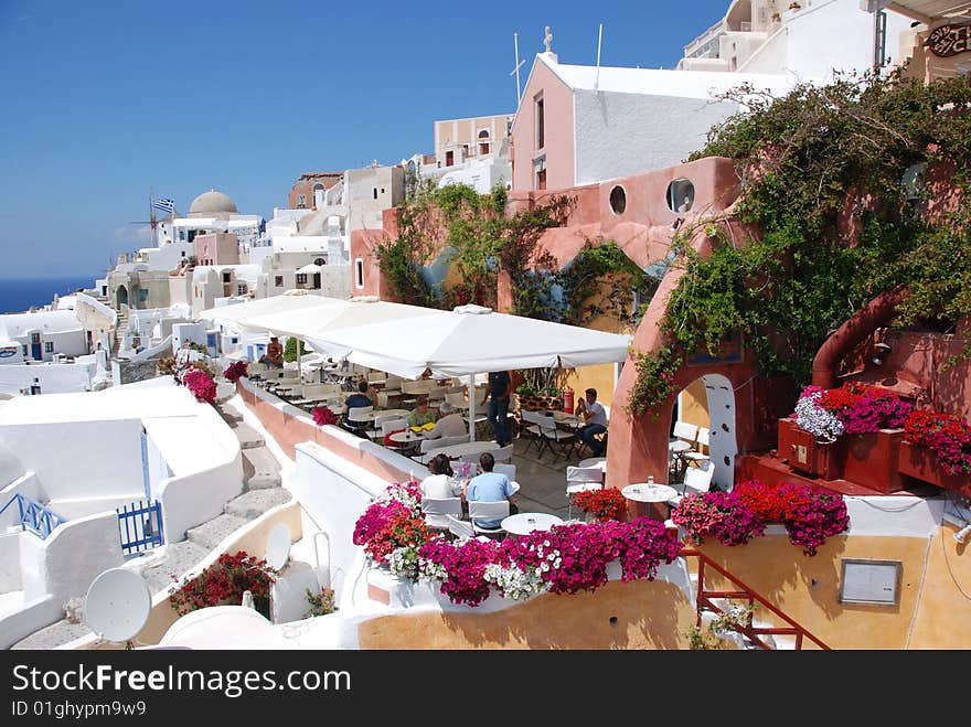 Oia on Santorini Island, Greece - blue sky, church