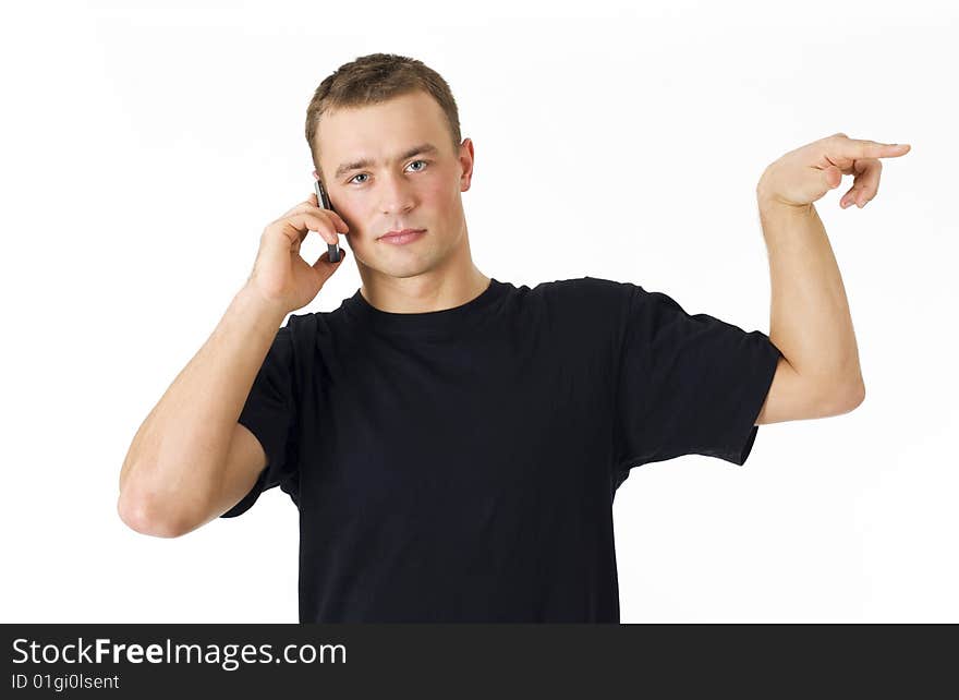 Young man calling over white background