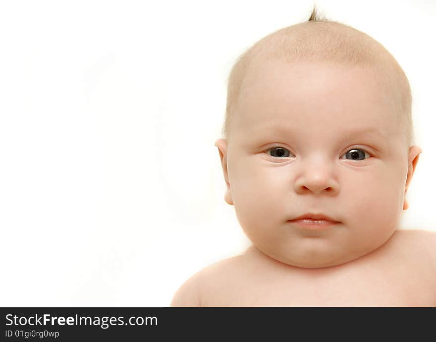 Close up baby portrait over white