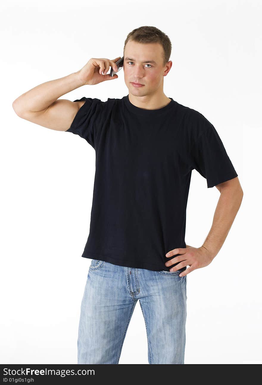 Young man calling over white background