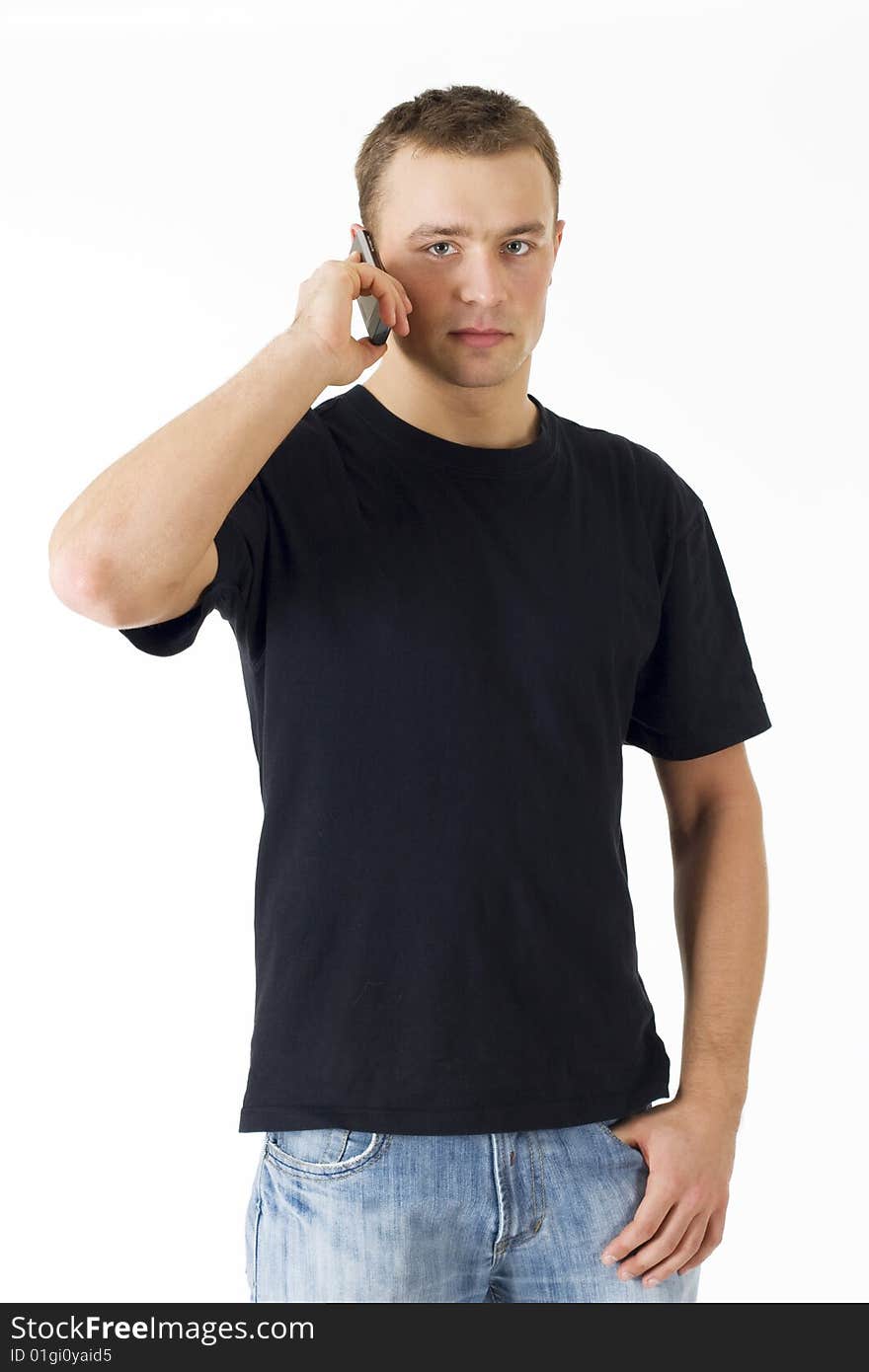 Young man calling over white background