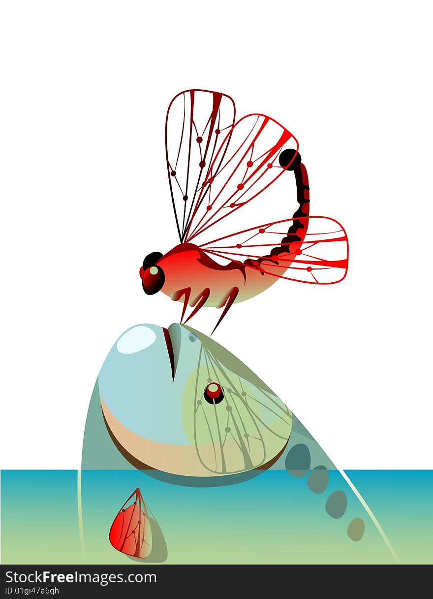 Red dragonfly perched on a blue fish (EPS and JPG formats). Red dragonfly perched on a blue fish (EPS and JPG formats)