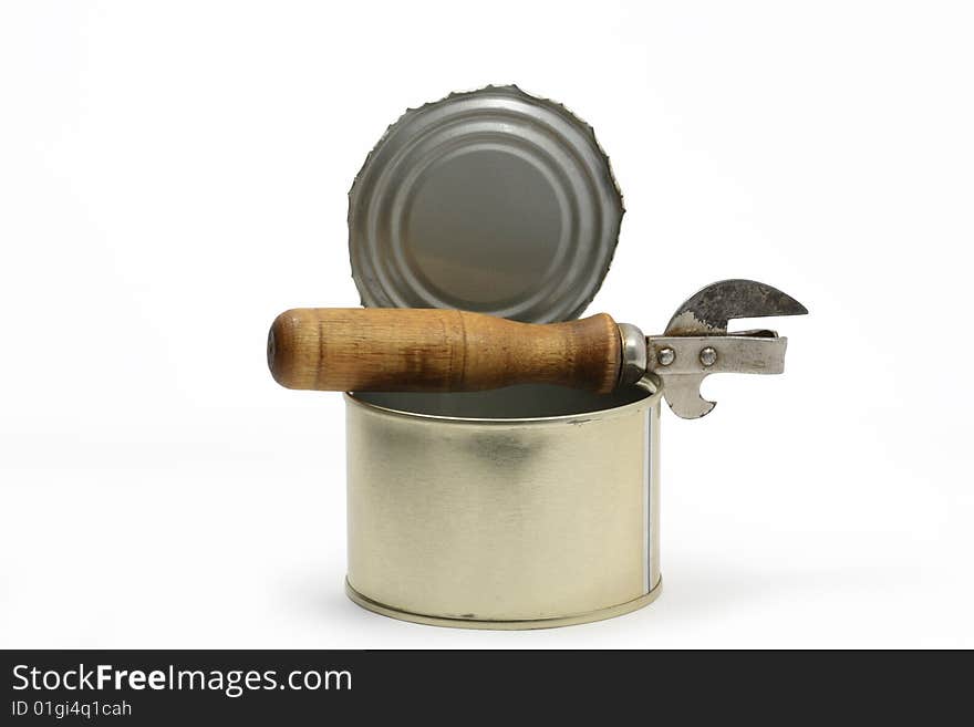 Opened canned food with can opener isolated on white background