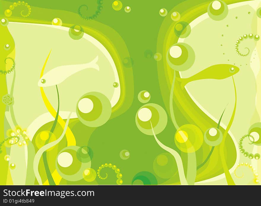 Green submarine background with two fishes, tender combination of colors, very beautiful