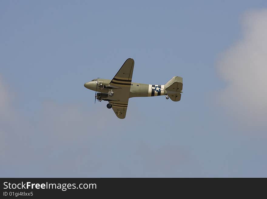 An R/C model C-47 in flight