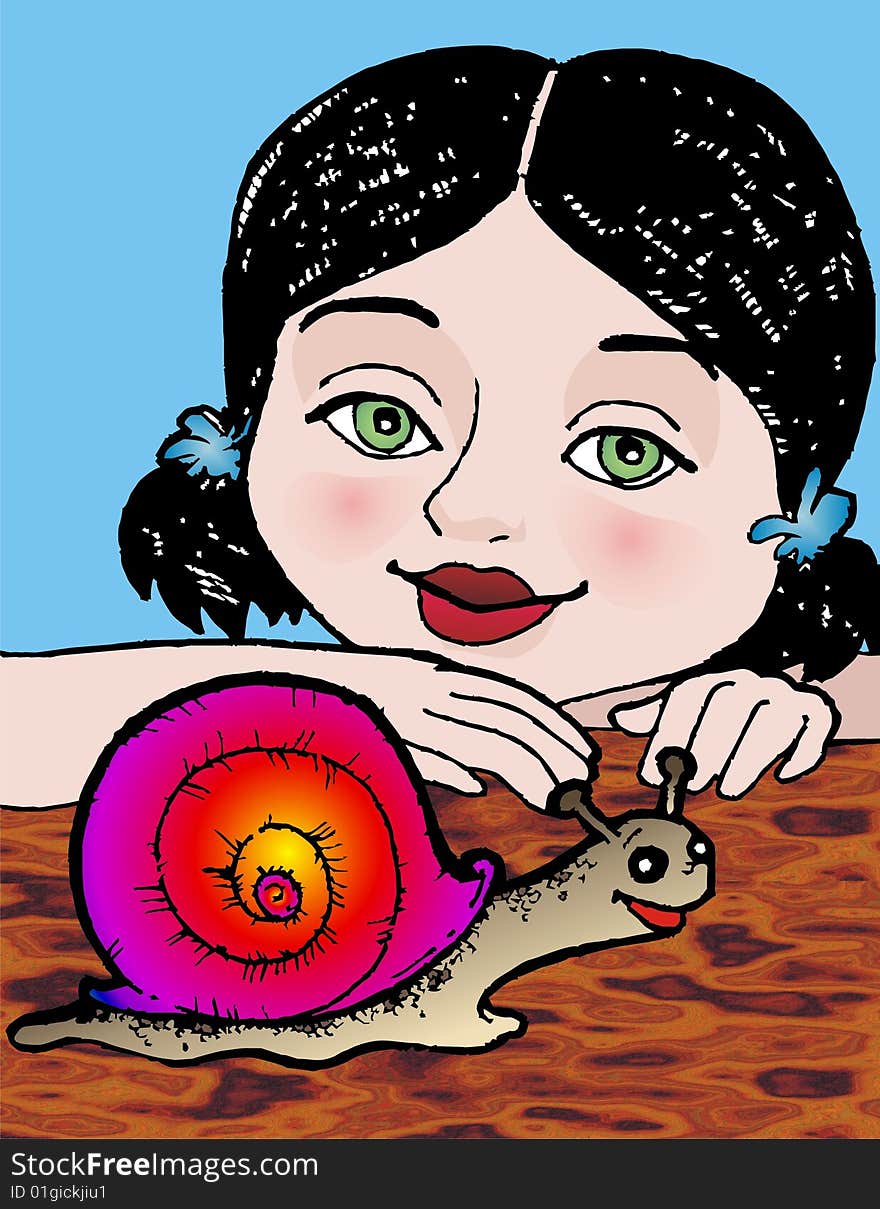 Girl with green eyes looking at a snail. Girl with green eyes looking at a snail