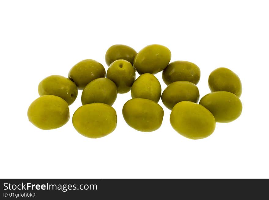 Green olives isolated on a white background