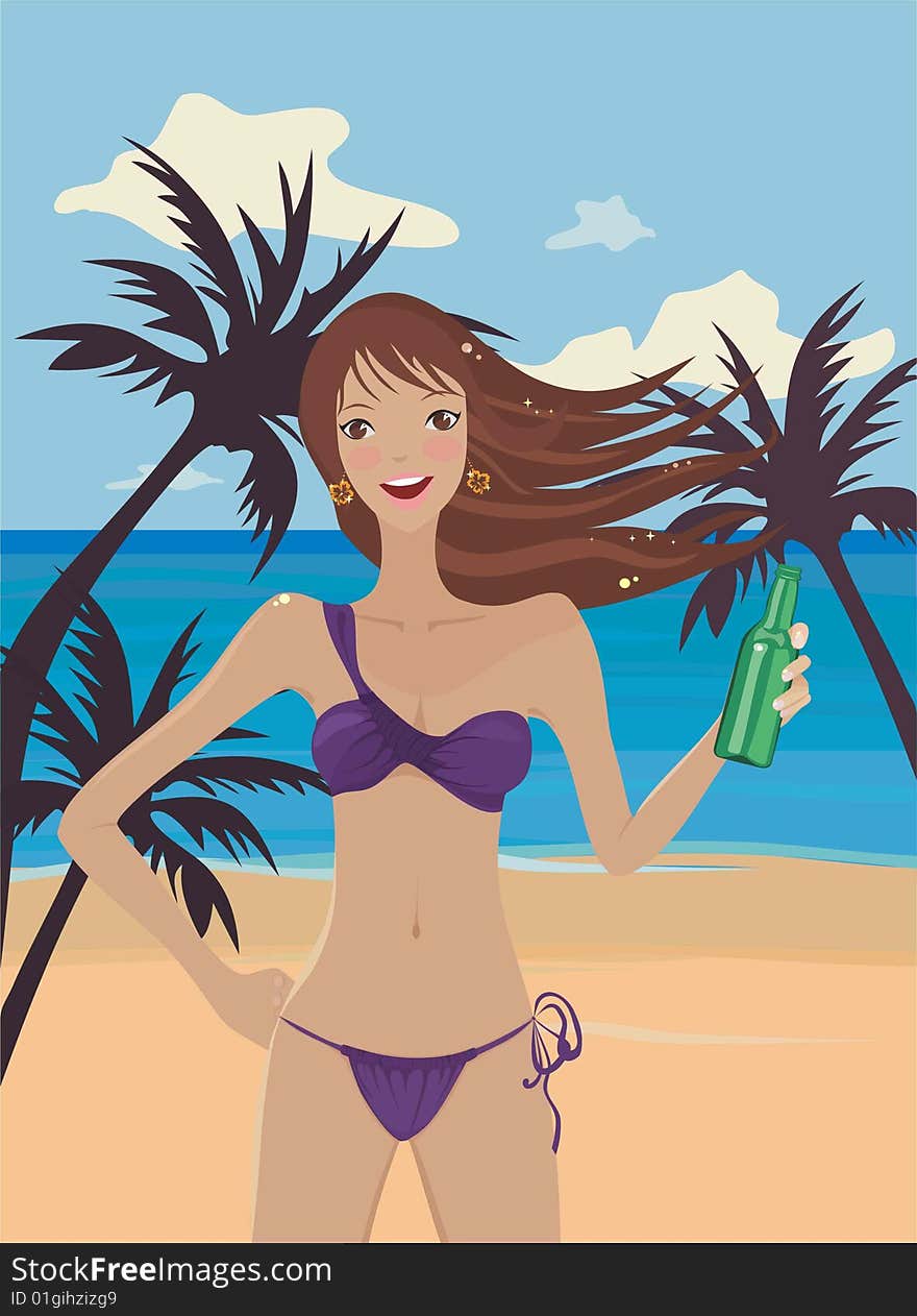 Girl In Bikini With A Bottle On A Beach