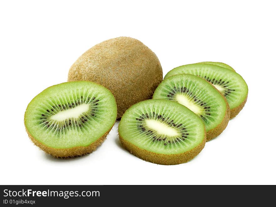 Fresh Kiwi, whole, sliced, and half, isolated on a white background copy space