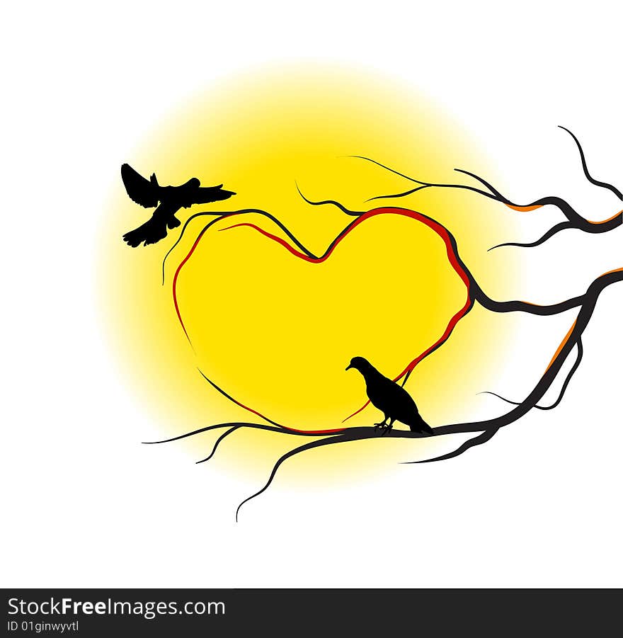 Bird's love. Artistic vector illustration of sun and tree.