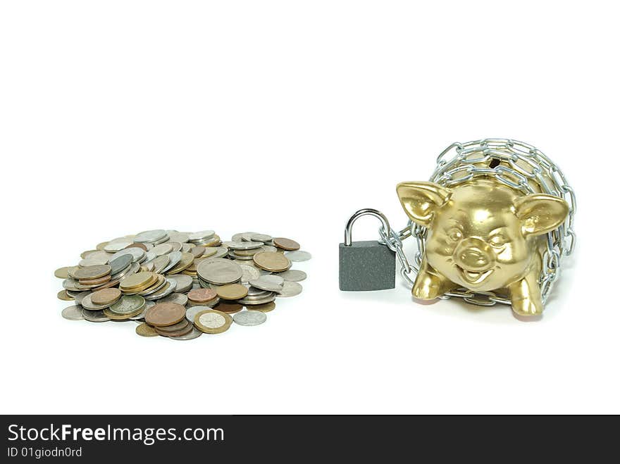 Piggy bank  isolated on white background with coins