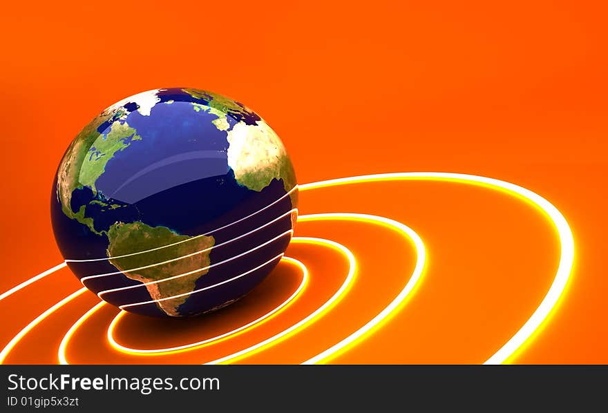 3d earth on orange background with glowing circles