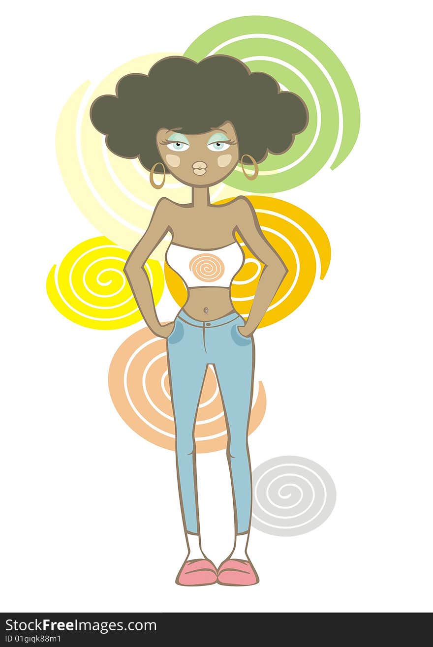 Black girl-boy in jeans on a background of colored circles