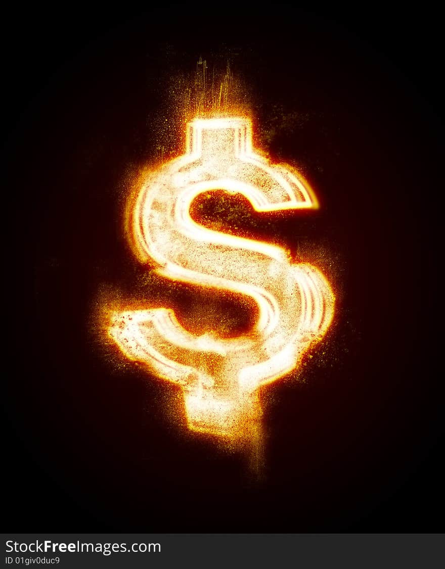 Fiery sign of dollar sanctified from a dust