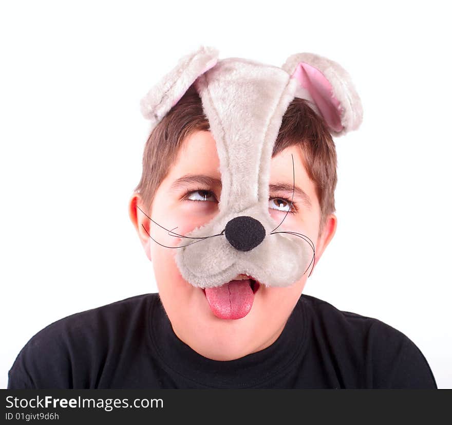 Happy boy in mask on white