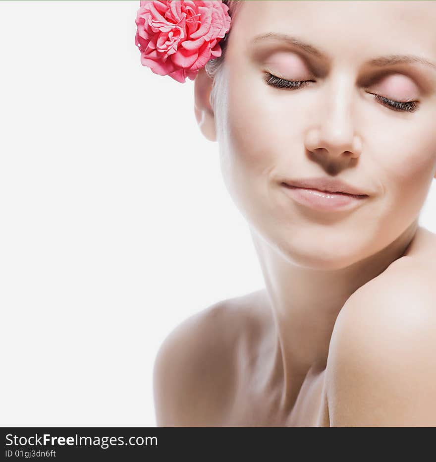 Closeup woman portrait on white background. Closeup woman portrait on white background