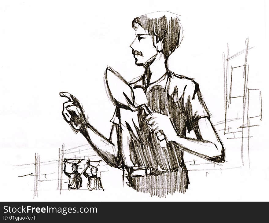 Hand drawn Sketch of a construction worker with a working tool in hand. Hand drawn Sketch of a construction worker with a working tool in hand