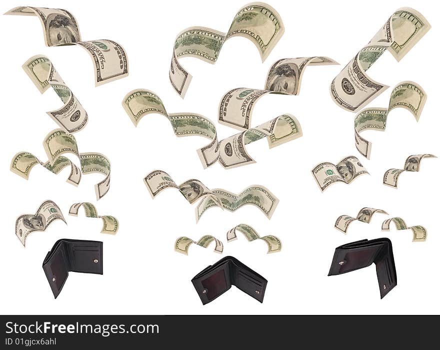 Hundred dollar bills flee from many black leather wallets isolated on white. Hundred dollar bills flee from many black leather wallets isolated on white