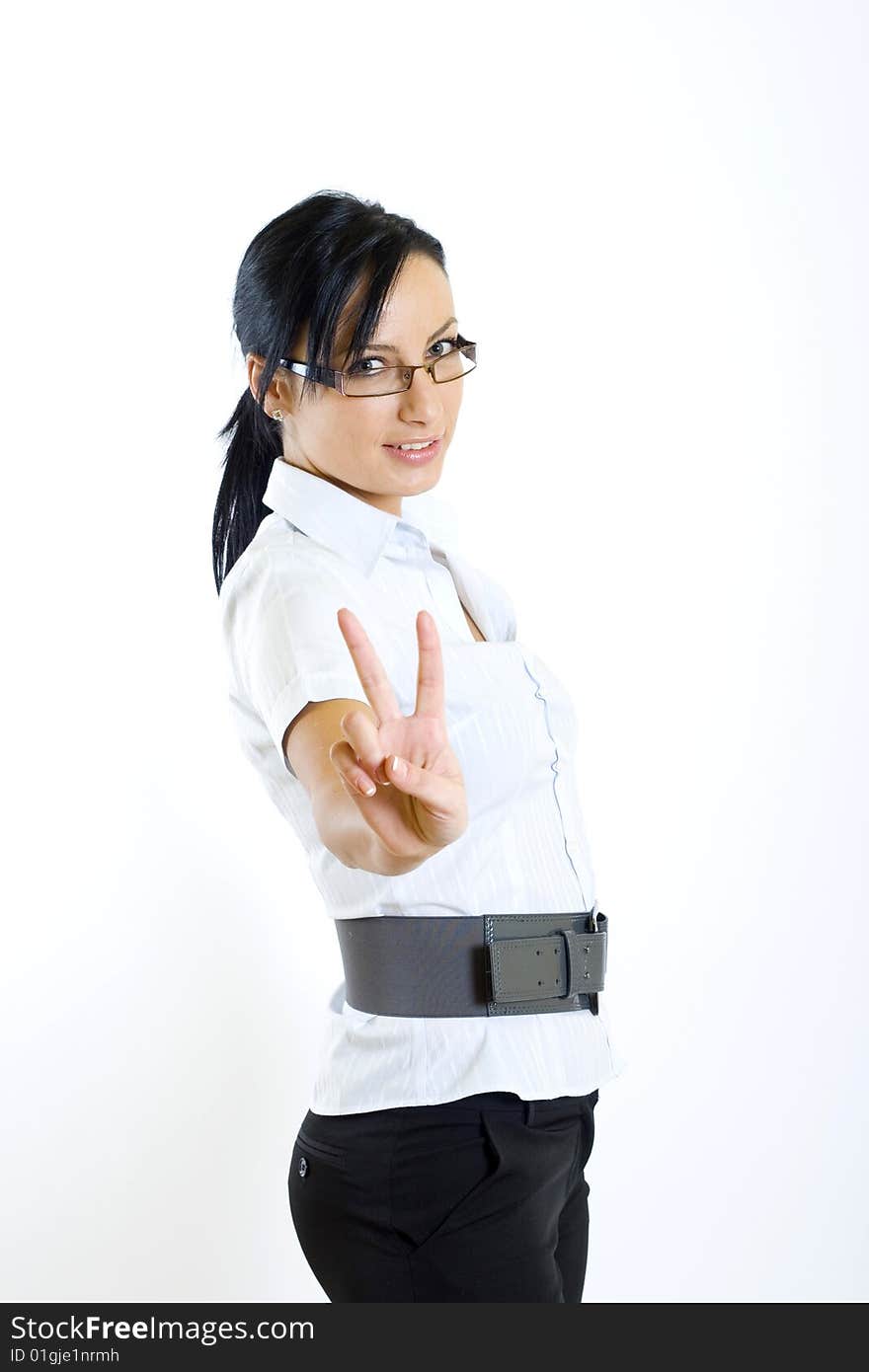 Attractive businesswoman with glasses victory sign. Attractive businesswoman with glasses victory sign