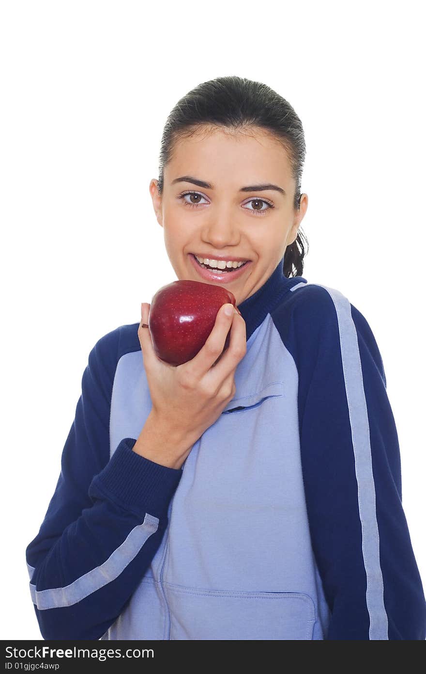 Portrait of smiling young woman holding apple, isolated on white background