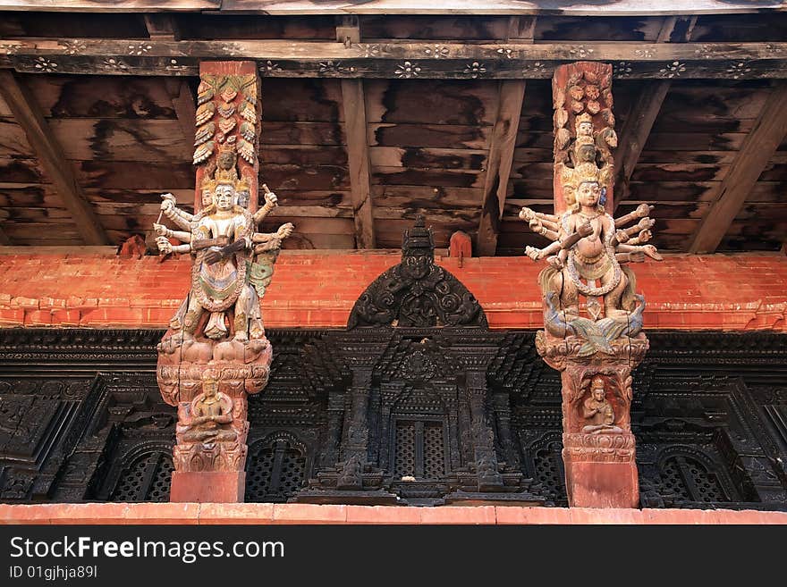 Intricately carved temple struts, hindu goddess,nepal