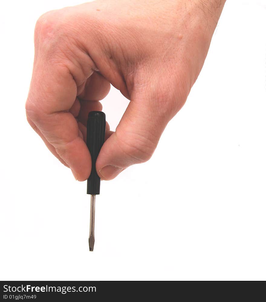 Hand holding screwdriver isolated over white background