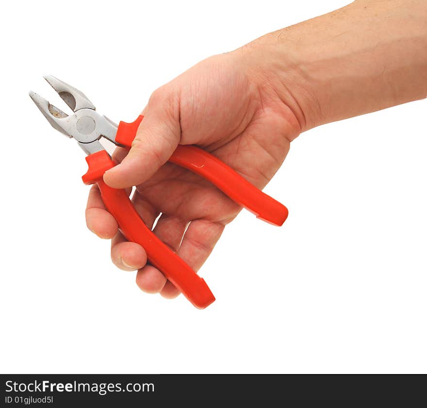 Red combination pliers held in hand; isolated on white