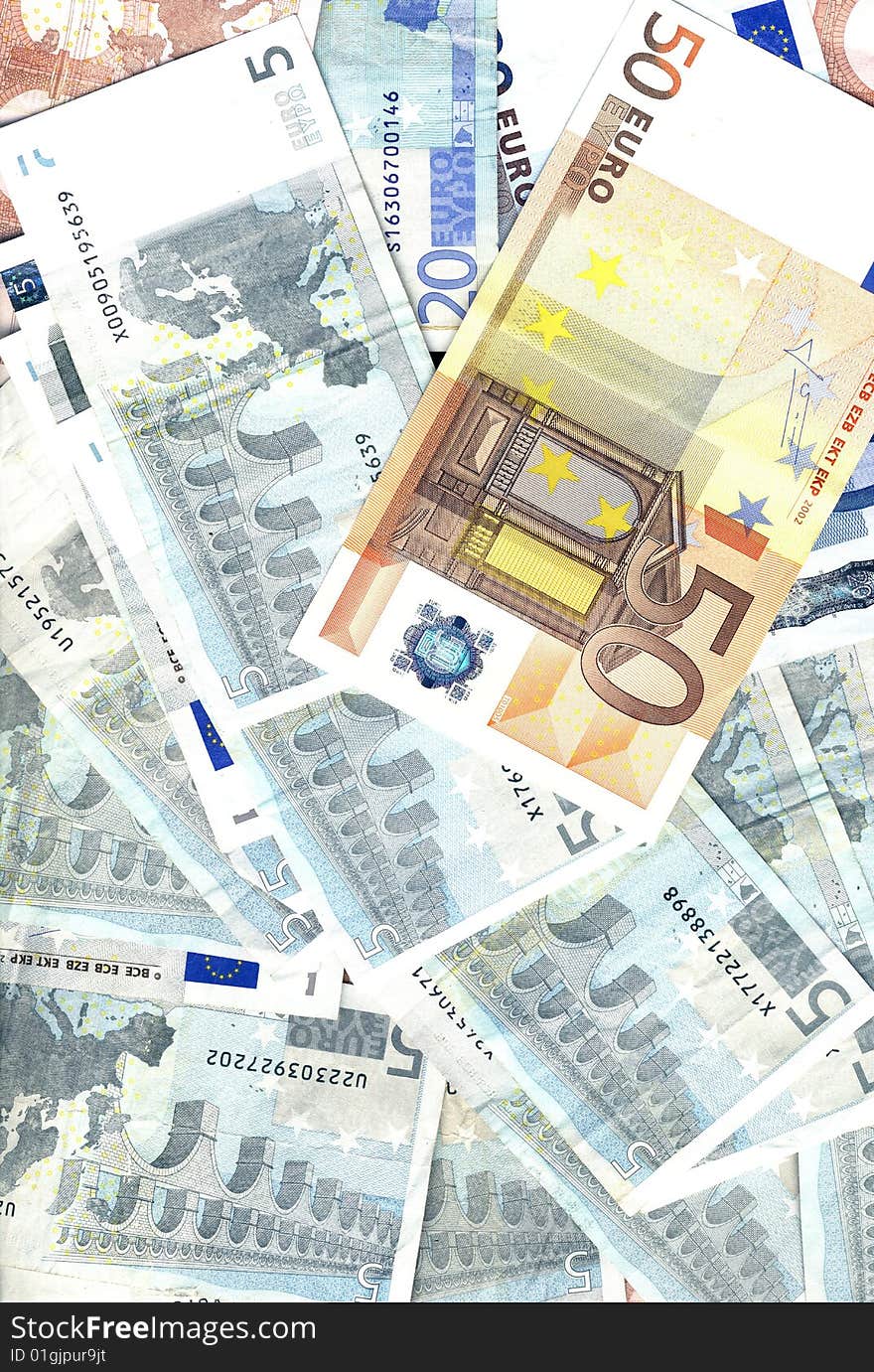 A photo of european banknotes. A photo of european banknotes