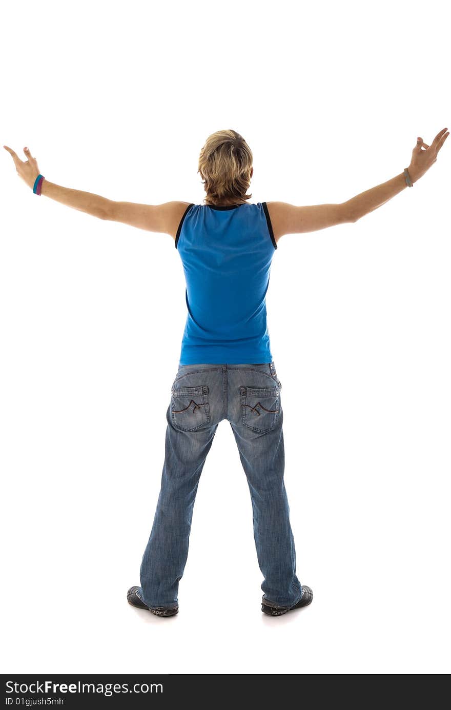 Stylish dancer praying over white