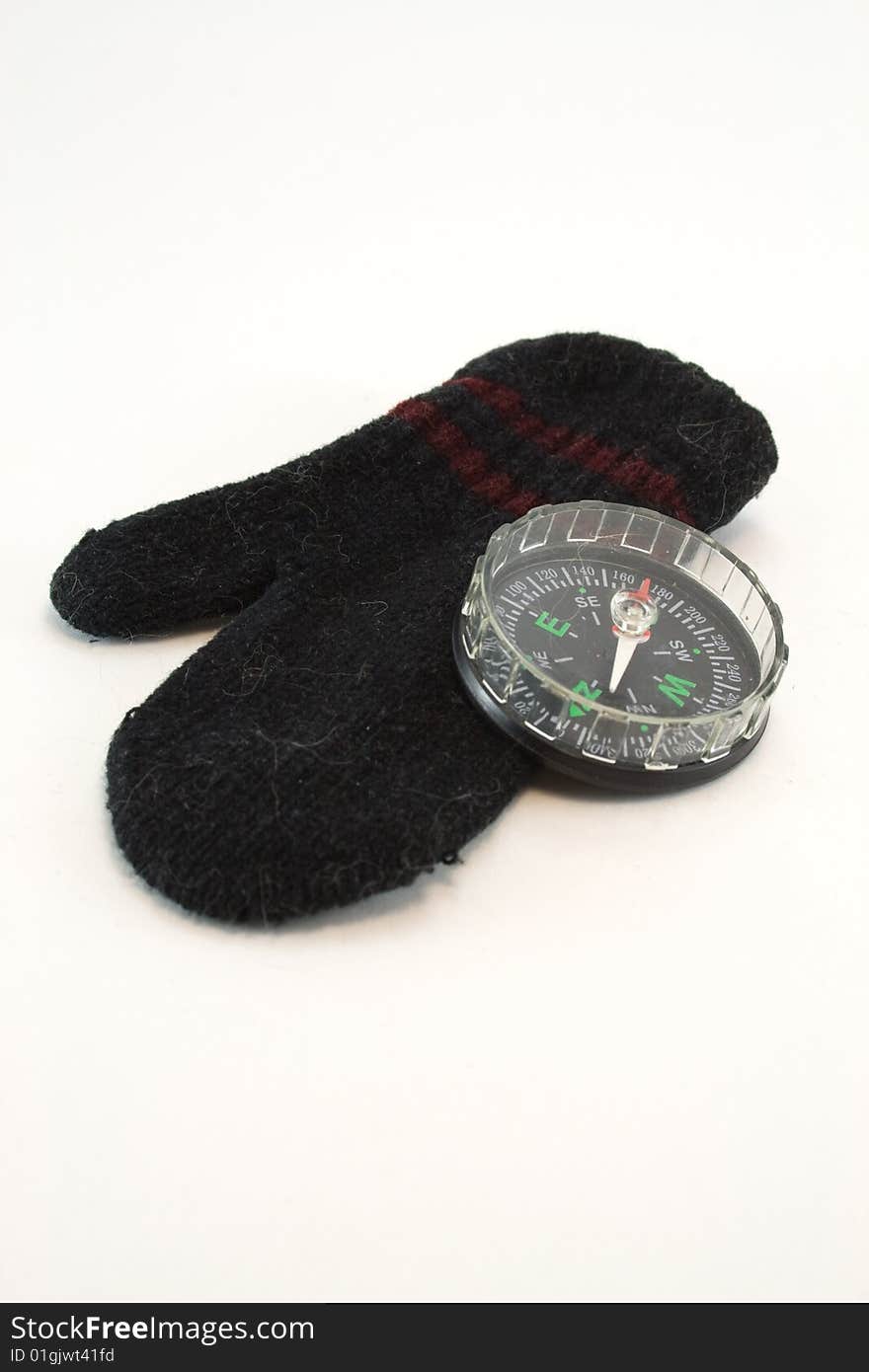 Compass and mitten on a white background