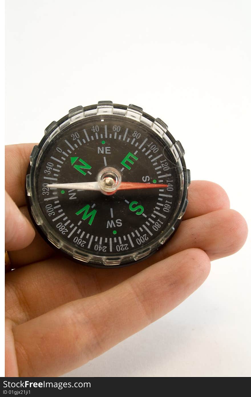 Compass in a hand on a white background