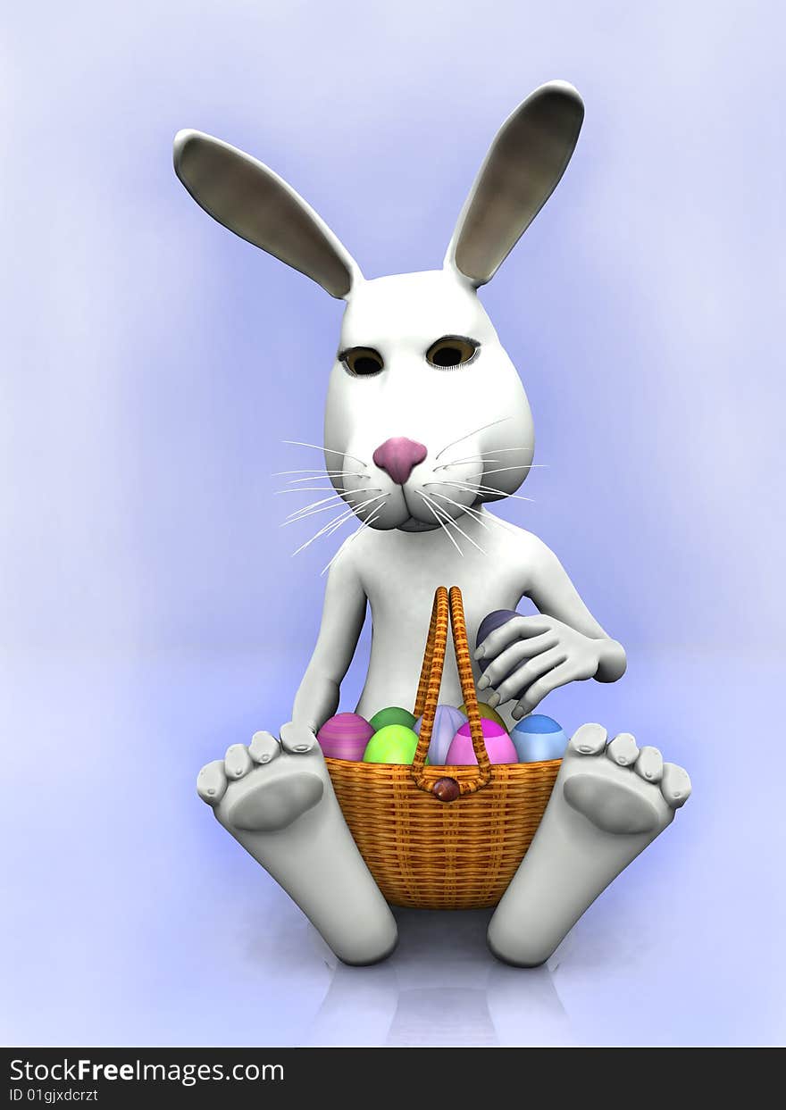 A cartoon easter bunny sitting on the ground with a basket full of eggs. A cartoon easter bunny sitting on the ground with a basket full of eggs.