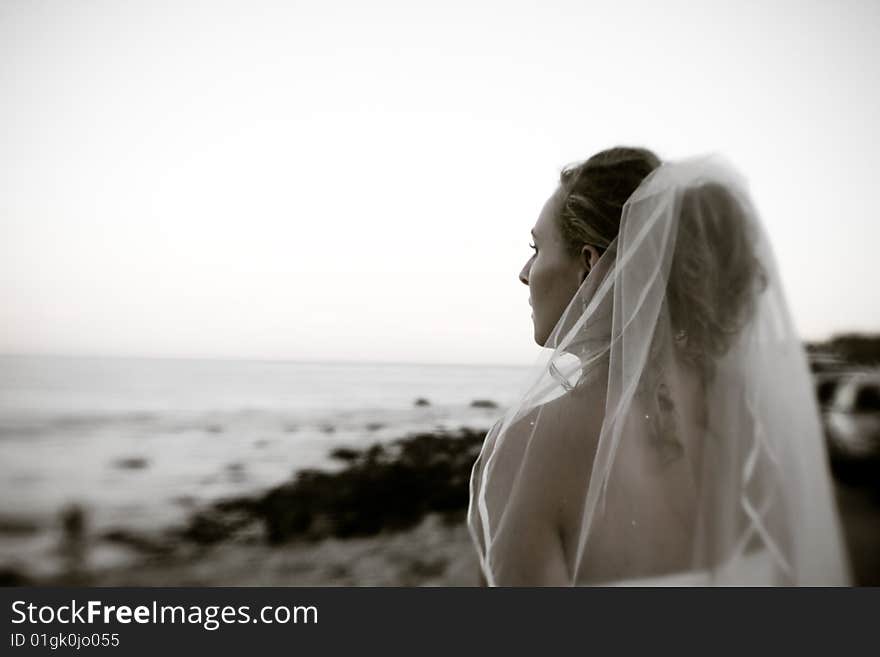 A young woman gazing out over the ocean before the wedding. A young woman gazing out over the ocean before the wedding